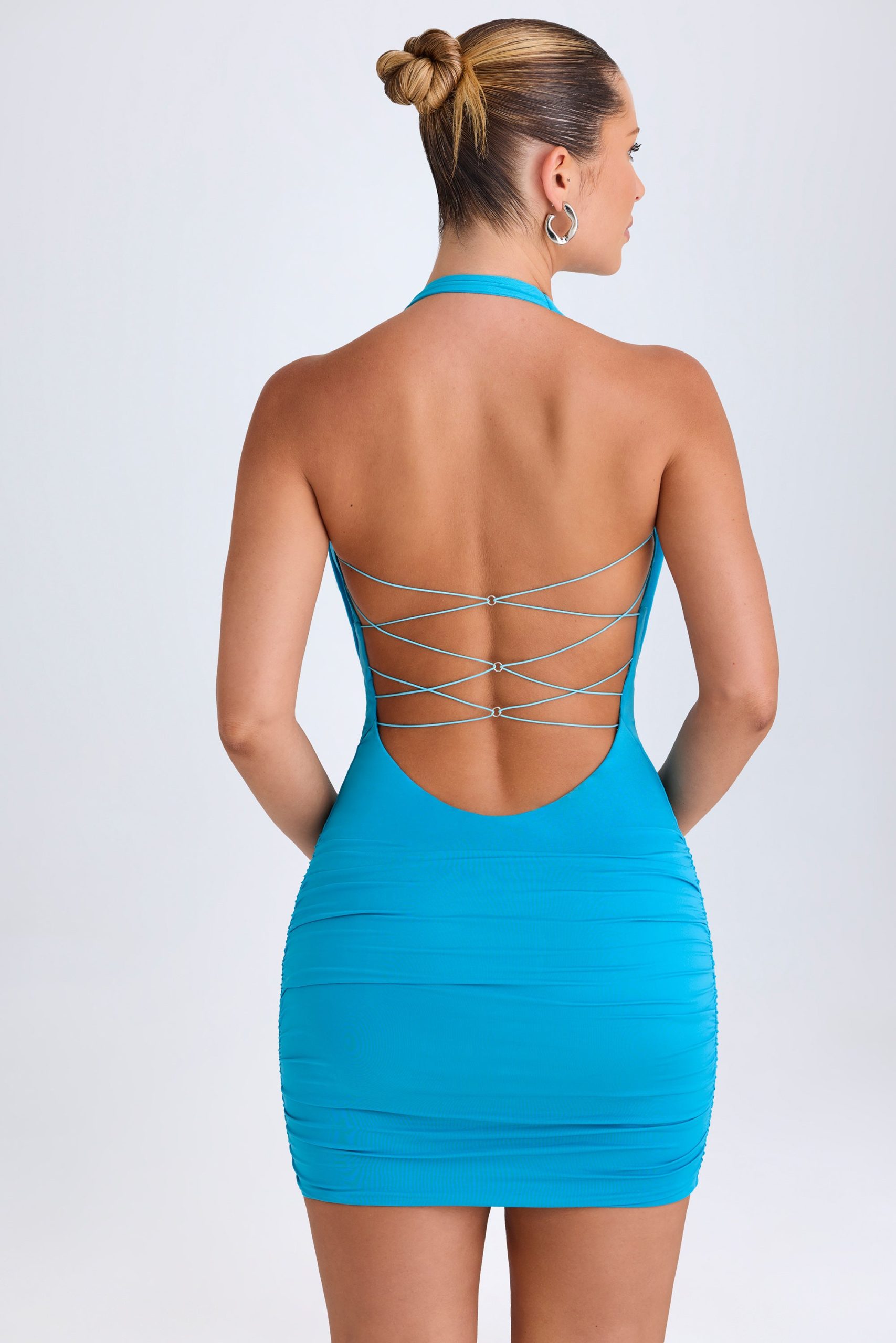 Hardware Detail Cut-Out Cowl-Neck Mini Dress in Aqua Blue - Image 6
