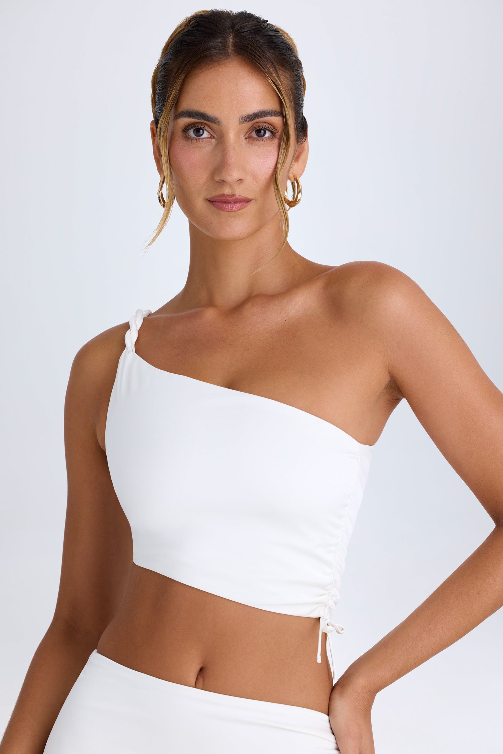 Ruched Asymmetric Crop Top in White - Image 5