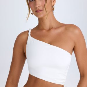 Ruched Asymmetric Crop Top in White