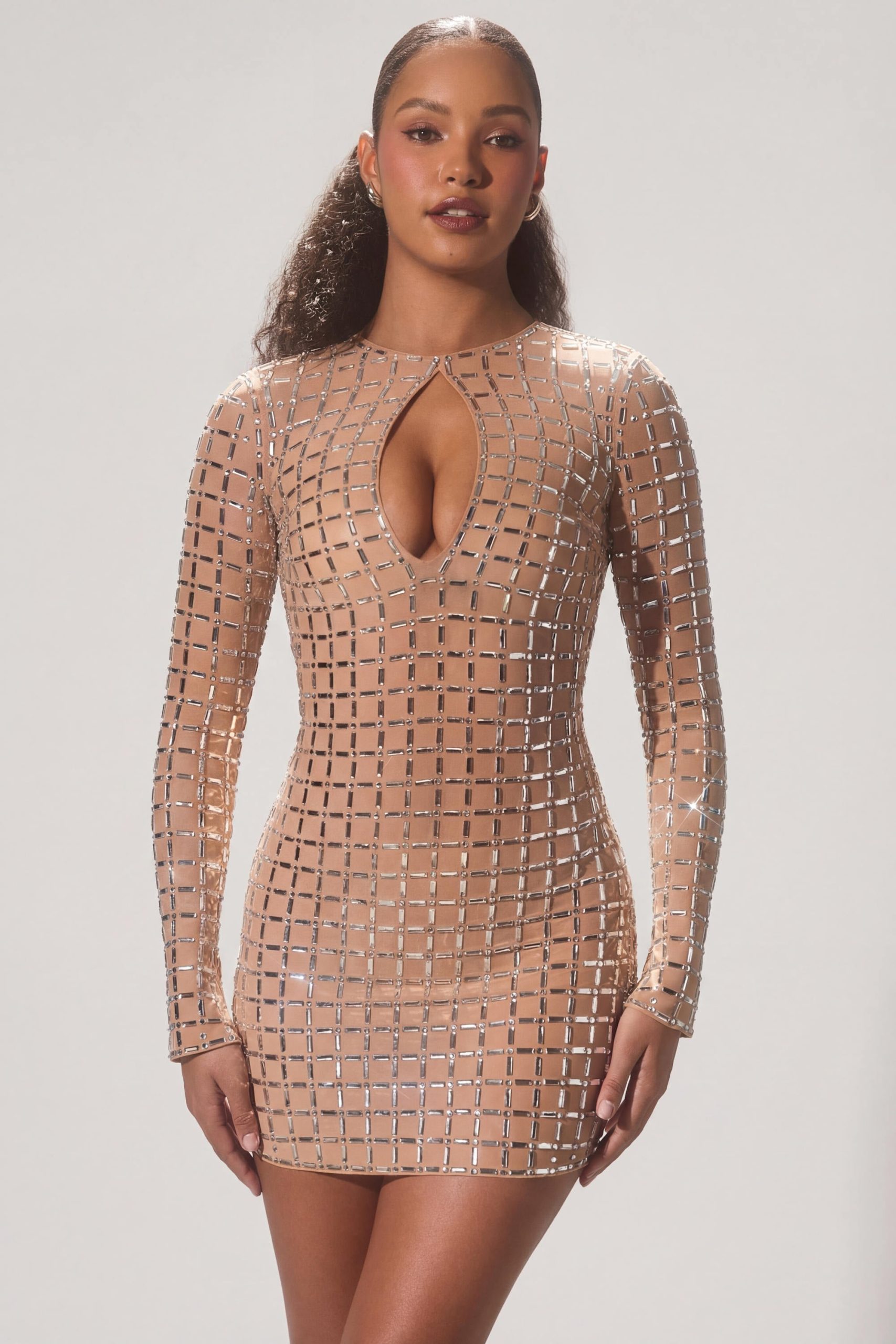 Embellished Semi-Sheer Cut-Out Mini Dress in Almond - Image 7