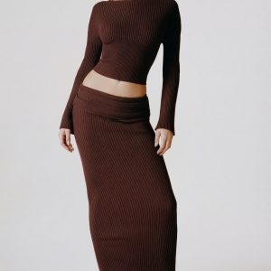 Ribbed-Knit Foldover Maxi Skirt in Espresso