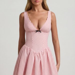 Bow-Detail A-Line Mini Dress in Pink Polka Dot