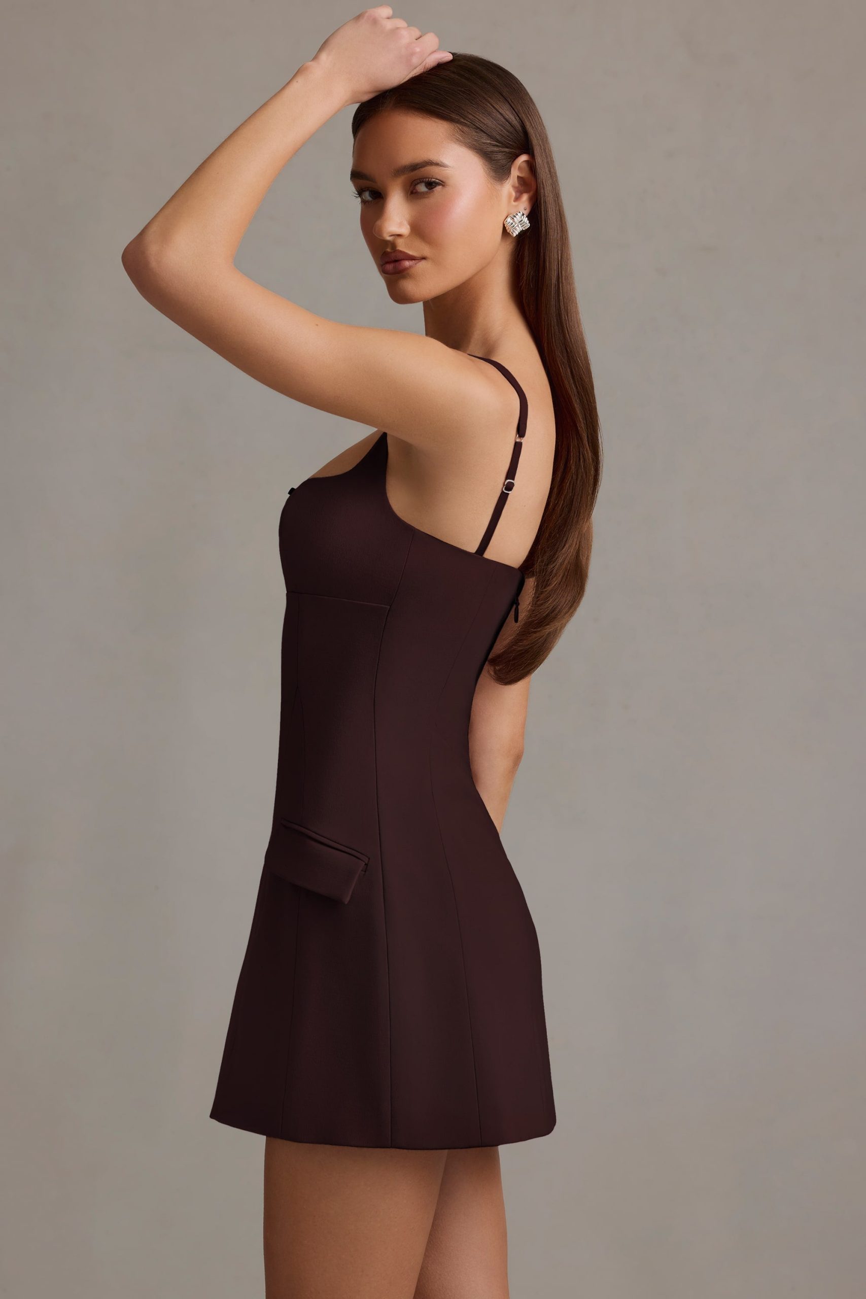 Cut-Out Structured A-Line Mini Dress in Chocolate Brown - Image 3