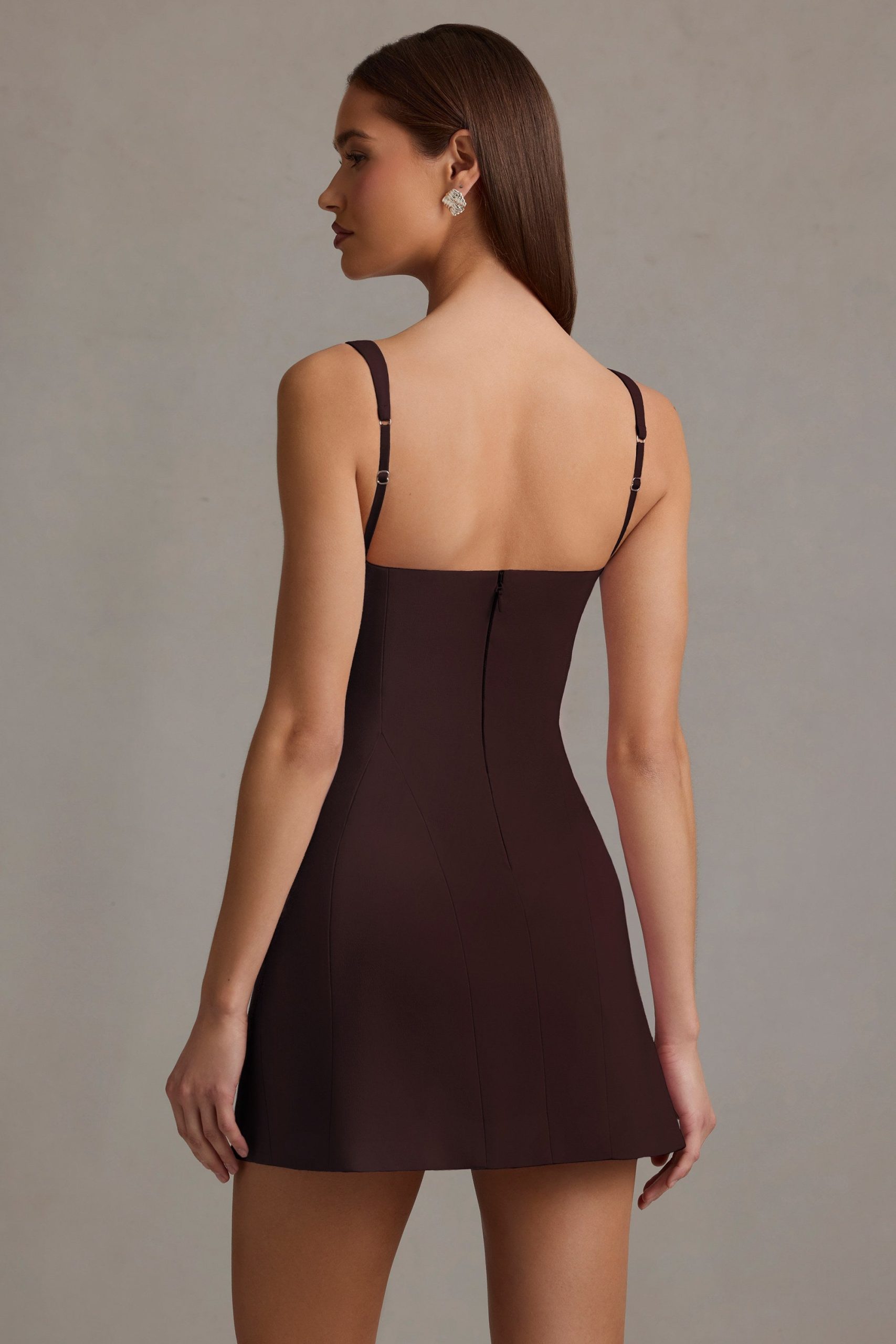 Cut-Out Structured A-Line Mini Dress in Chocolate Brown - Image 6