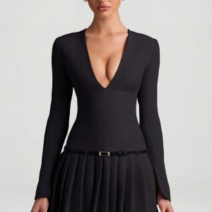 Long-Sleeve Pleated Mini Dress in Black