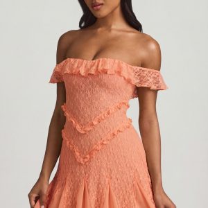 Off-Shoulder Lace A-Line Mini Dress in Peach