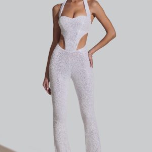 Embellished Cut-Out Jumpsuit in White