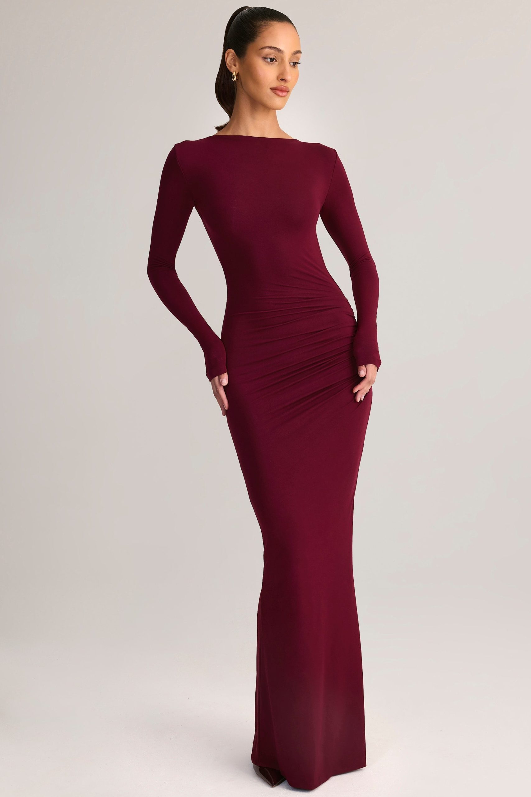 Modal Ruched Backless Maxi Dress in Wine - Image 2