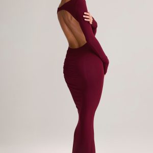 Modal Ruched Backless Maxi Dress in Wine