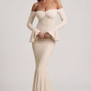 Off-Shoulder Ruffle Lace Maxi Dress in Ivory