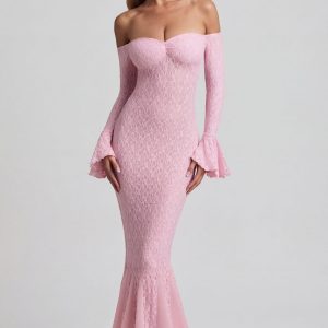 Off-Shoulder Ruffle Lace Maxi Dress in Soft Pink