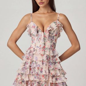 Ruffled Lace-Up A-Line Mini Dress in Primrose Floral Print