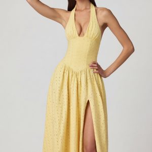 Modal Broderie Anglaise Halterneck Midaxi Dress in Lemon Yellow