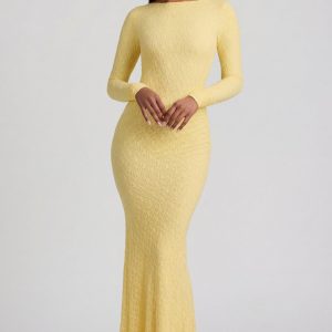 Ruched Backless Lace Maxi Dress in Pastel Yellow