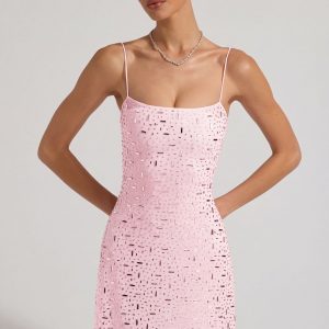 Sheer Embellished Square-Neck Mini Dress in Pink