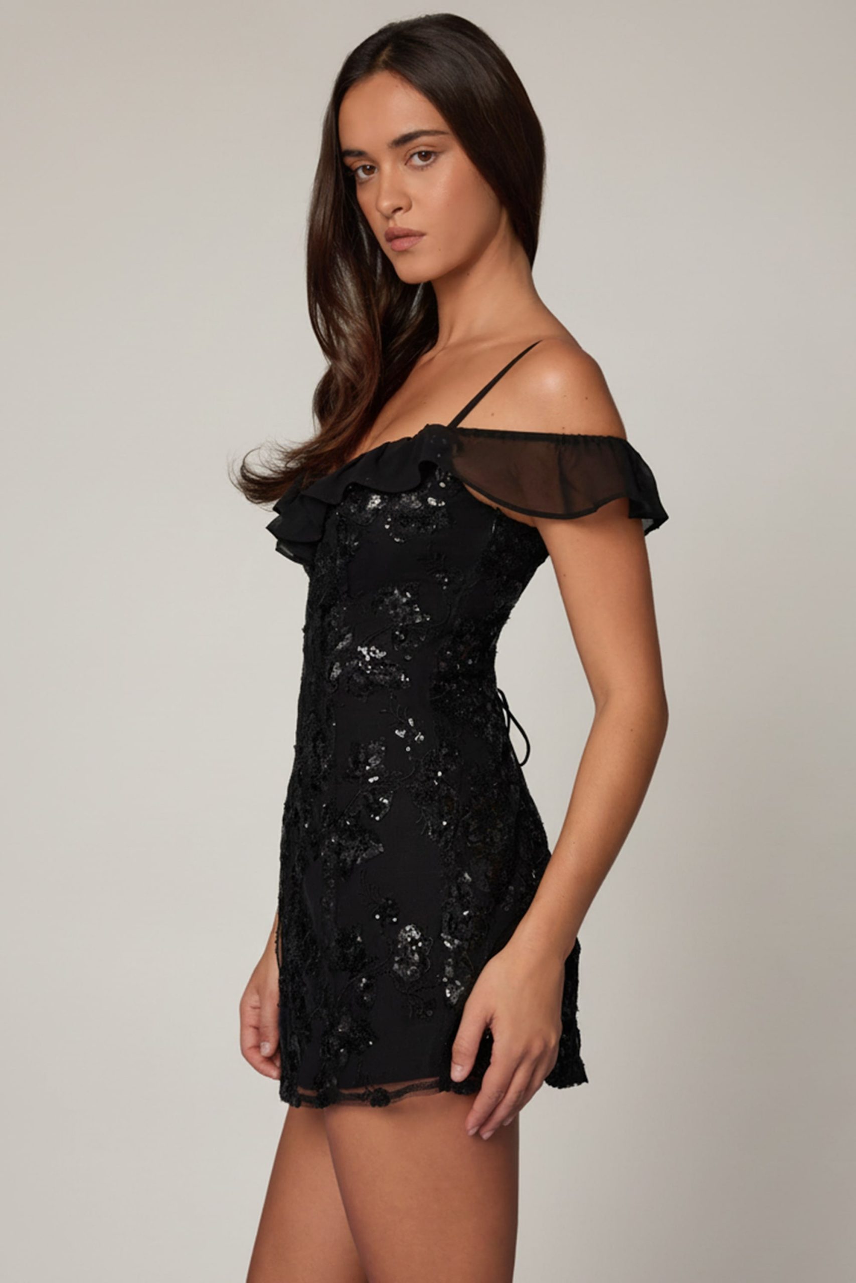 Embellished Lace-Up A-Line Mini Dress in Black - Image 3