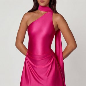 Asymmetric Scarf-Detail Mini Dress in Hot Pink