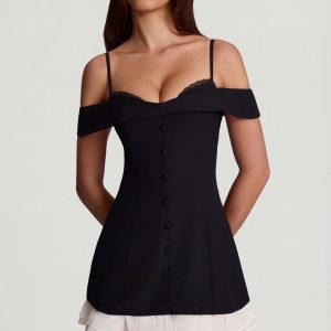 Off-Shoulder Ruffle A-Line Mini Dress in Black