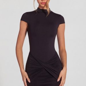 Jersey Turtleneck Ruched Backless Mini Dress in Black