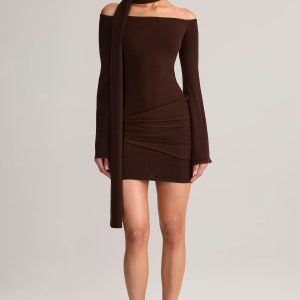 Knit Scarf-Detail Off-Shoulder Mini Dress in Chocolate Brown