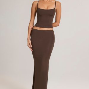 Modal Mid-Rise Fishtail Maxi Skirt in Chocolate Brown