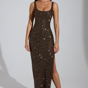 Embellished Scoop-Neck Thigh-Split Maxi Dress in Brown