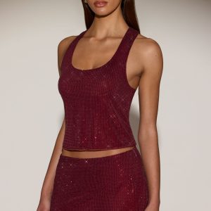 Embellished Jersey Scoop-Neck Racerback Top in Burgundy