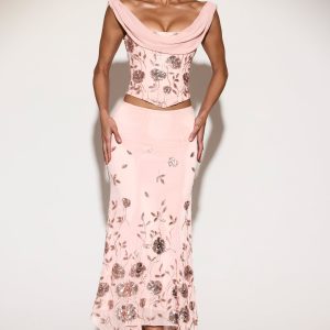 Embellished Mid-Rise Hanky-Hem Midaxi Skirt in Pink