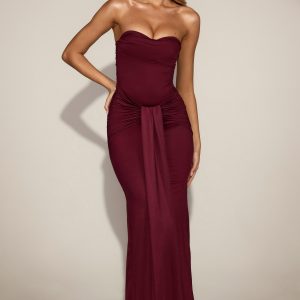 Satin Peekaboo Bandeau Draped Gown in Wine Red