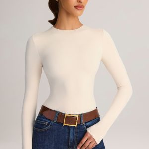 Modal Round-Neck Long-Sleeve Bodysuit in Cream