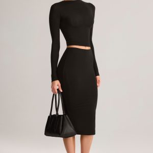 Modal Mid-Rise Pencil Midi Skirt in Black