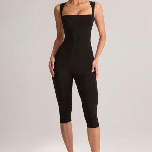 Modal Square-Neck Bodycon Capri Jumpsuit in Black