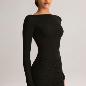 Modal Boat-Neck Draped Long-Sleeve Mini Dress in Black