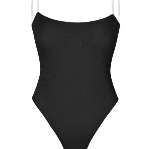 Soft Mesh Invisible Strap Thong Bodysuit in Black