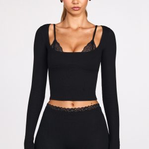 Ribbed Modal Long-Sleeve Laced Bra Top in Black