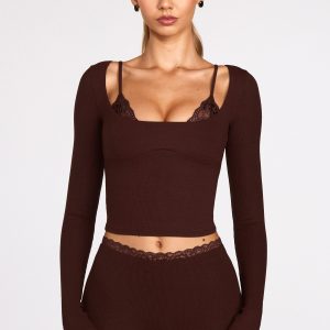 Ribbed Modal Long-Sleeve Laced Bra Top in Chocolate Brown