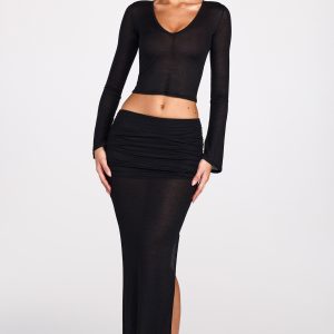 Sheer Jersey Low-Rise Draped Maxi Skirt in Black