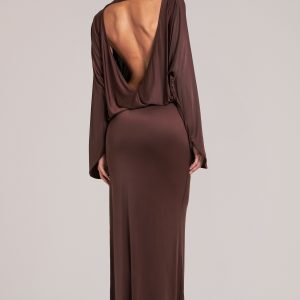Long-Sleeve Draped Maxi Dress in Chocolate Brown