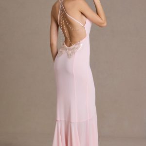 Premium Chiffon Cowl-Neck Open-Back Gown in Baby Pink
