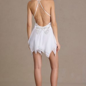 Premium Chiffon Plunge-Neck Open-Back Mini Dress in White