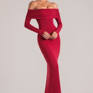 Off-Shoulder Long-Sleeve Maxi Dress in Cherry Red
