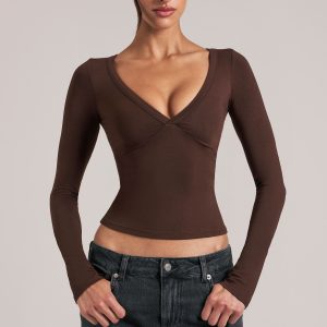 V-Neck Long-Sleeve Top  in Chocolate Brown