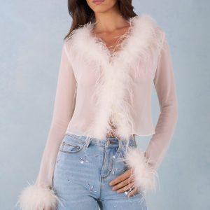 Faux Fur-Trim Sheer Top in Ivory