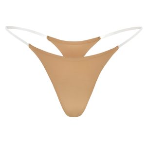 Seamless Knit Clear Strap Thong in Caramel