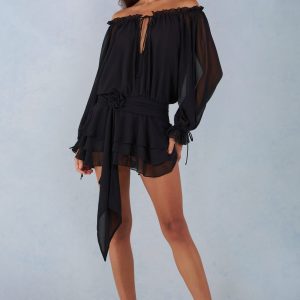 Off-Shoulder Balloon-Sleeve Mini Dress in Black