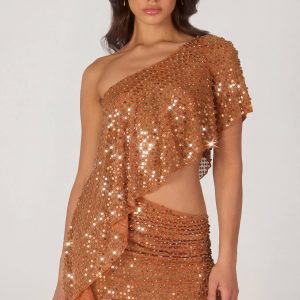 Embellished One-Shoulder Asymmetric Top in Bronze