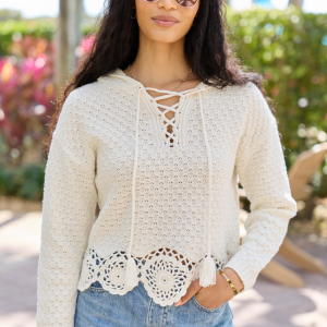 Harrisyn Ivory Cropped Crochet V-Neck Hoodie