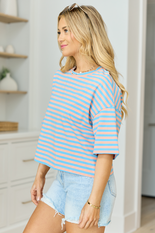 Keep It Casual Blue and Coral Multi Boxy Striped Tee - Image 5
