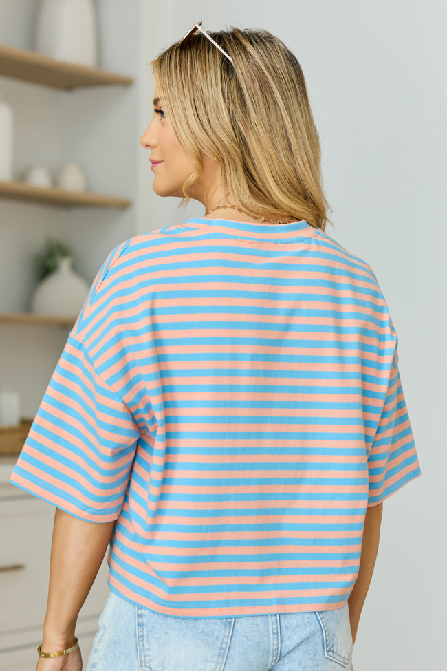 Keep It Casual Blue and Coral Multi Boxy Striped Tee - Image 6