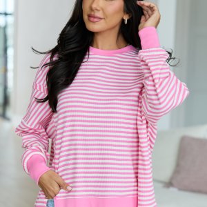 Kara Pink And White Stripe Waffle Pullover